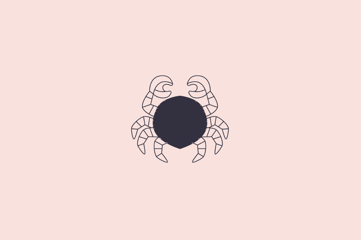Ilustração estilizada e minimalista de um caranguejo, simbolizando o signo de câncer, em tom azul-escuro sobre um fundo rosa-claro
