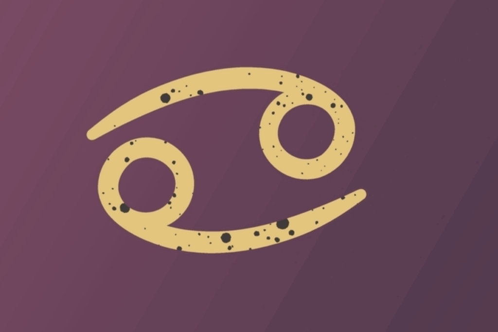 A imagem apresenta o símbolo do signo de câncer em tom dourado, centralizado sobre um fundo roxo escuro. O símbolo possui pequenos detalhes e manchas escuras que criam um efeito texturizado e artístico.