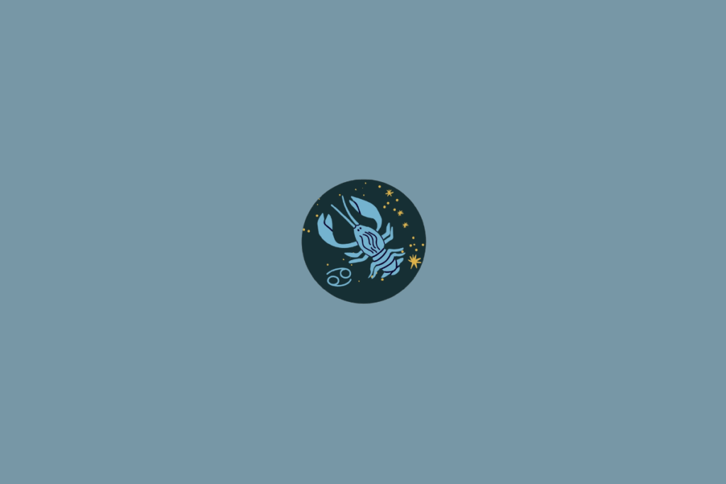 Ilustração circular de um caranguejo estilizado em tons de azul-claro e azul, acompanhado do símbolo de Câncer e de pequenas estrelas.