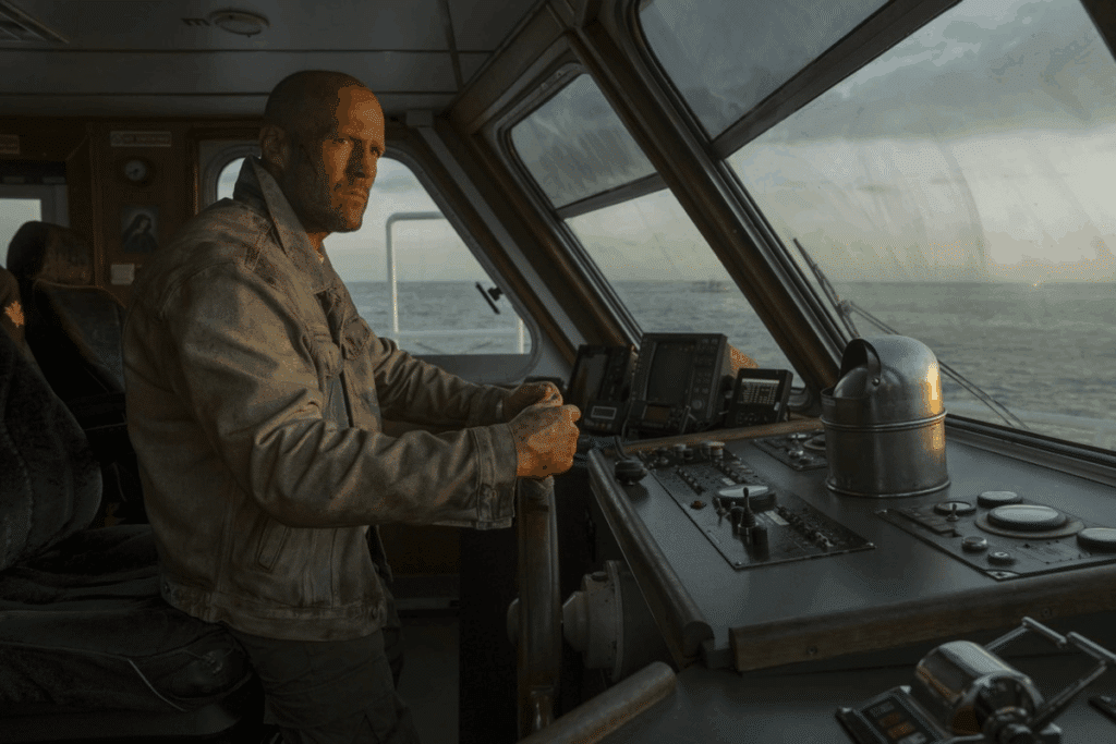 Jason Statham como Cole Reed, de jaqueta jeans suja, no comando de um navio cargueiro em alto-mar, em cena do filme de ação "Código: Vingança".