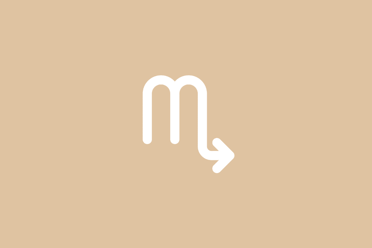 Ilustração minimalista do símbolo do signo de Escorpião em linha branca contínua, formada por uma estrutura similar à letra "m" terminando em uma seta curvada apontada para cima, centralizada sobre um fundo bege em tom pastel