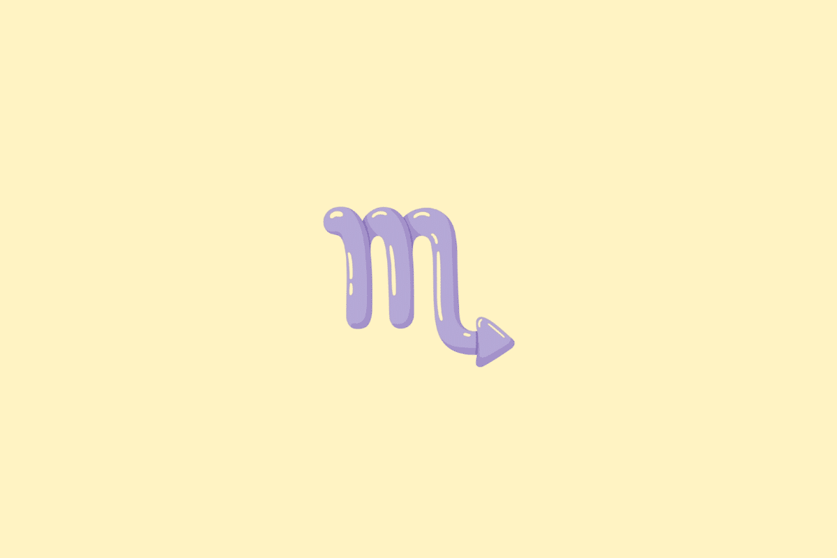 Ilustração do símbolo do signo de Escorpião, com três hastes verticais e uma curva final semelhante a uma seta, em tom lilás, sobre um fundo amarelo-claro.