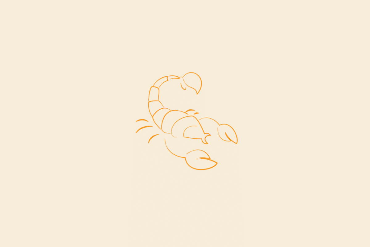 Ilustração minimalista de um escorpião com a cauda levantada e as pinças à frente, em laranja, representando o signo de Escorpião sobre fundo bege.