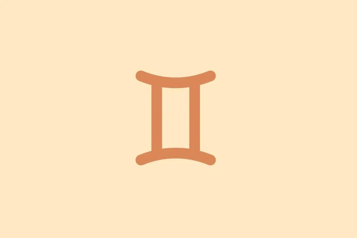 Símbolo minimalista do signo de Gêmeos em tom terracota sobre fundo laranja