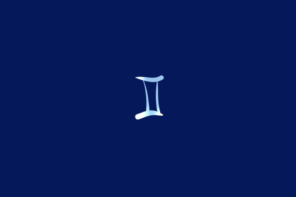 Símbolo do signo de Gêmeos em tom azul-claro, centralizado sobre um fundo azul-marinho.