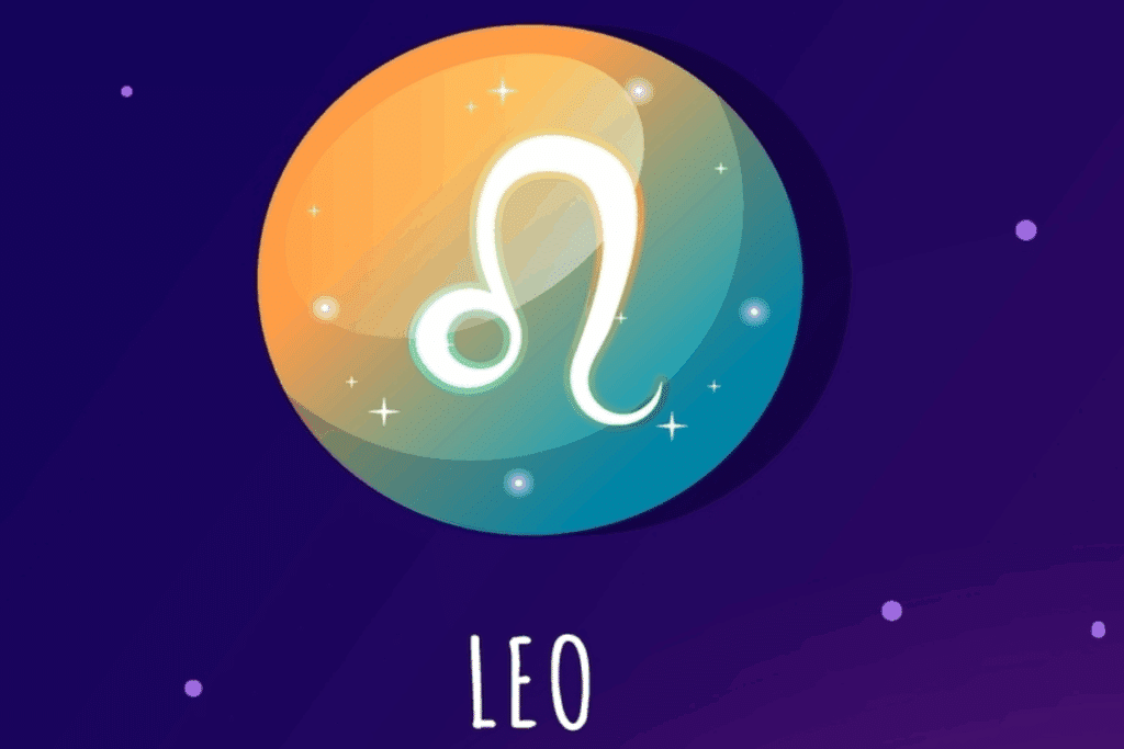 Ilustração do símbolo de Leão em branco, sobre um círculo em tons de laranja, azul e verde, decorado com estrelas. A palavra “Leo” aparece abaixo.