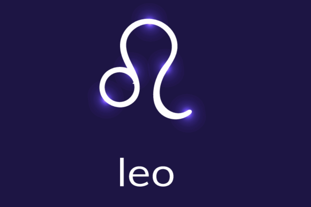 Imagem com fundo roxo-escuro e o símbolo astrológico de Leão em branco, formado por linhas curvas que criam uma pequena espiral de um lado e uma curva maior do outro. O desenho apresenta um efeito luminoso violeta em alguns pontos. Na parte inferior, aparece a palavra “leo” em branco.