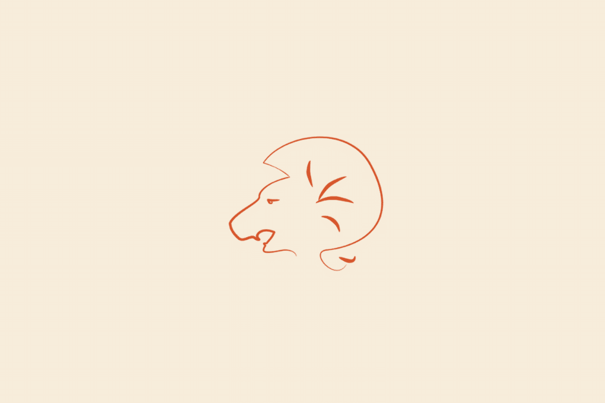 Ilustração minimalista de uma cabeça de leão de perfil, com juba marcada por linhas curvas, em laranja-avermelhado, representando o signo de Leão sobre fundo
