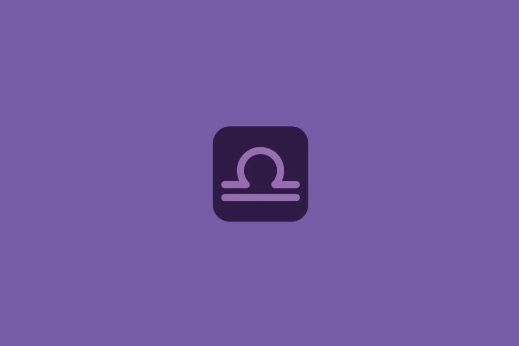 Símbolo de Libra formado por uma linha curva sobre uma linha horizontal, em lilás, dentro de um quadrado de cantos arredondados em roxo-escuro. Em fundo roxo.