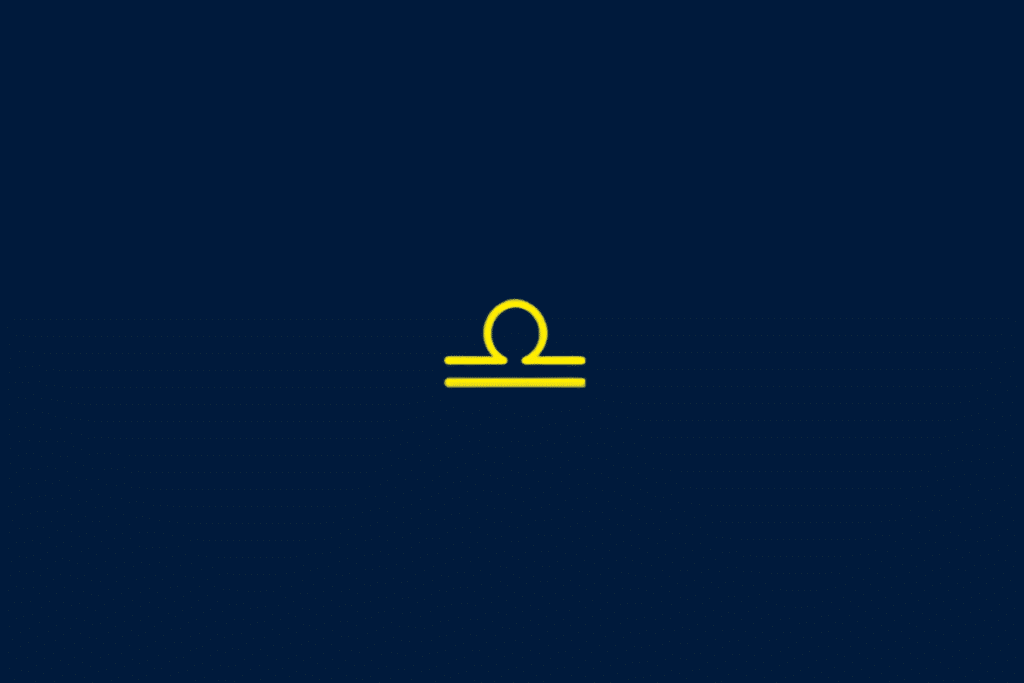 Símbolo de Libra formado por uma linha curva semelhante a um arco sobre uma linha horizontal dupla, centralizado sobre o fundo azul-marinho. O desenho está em amarelo vivo.