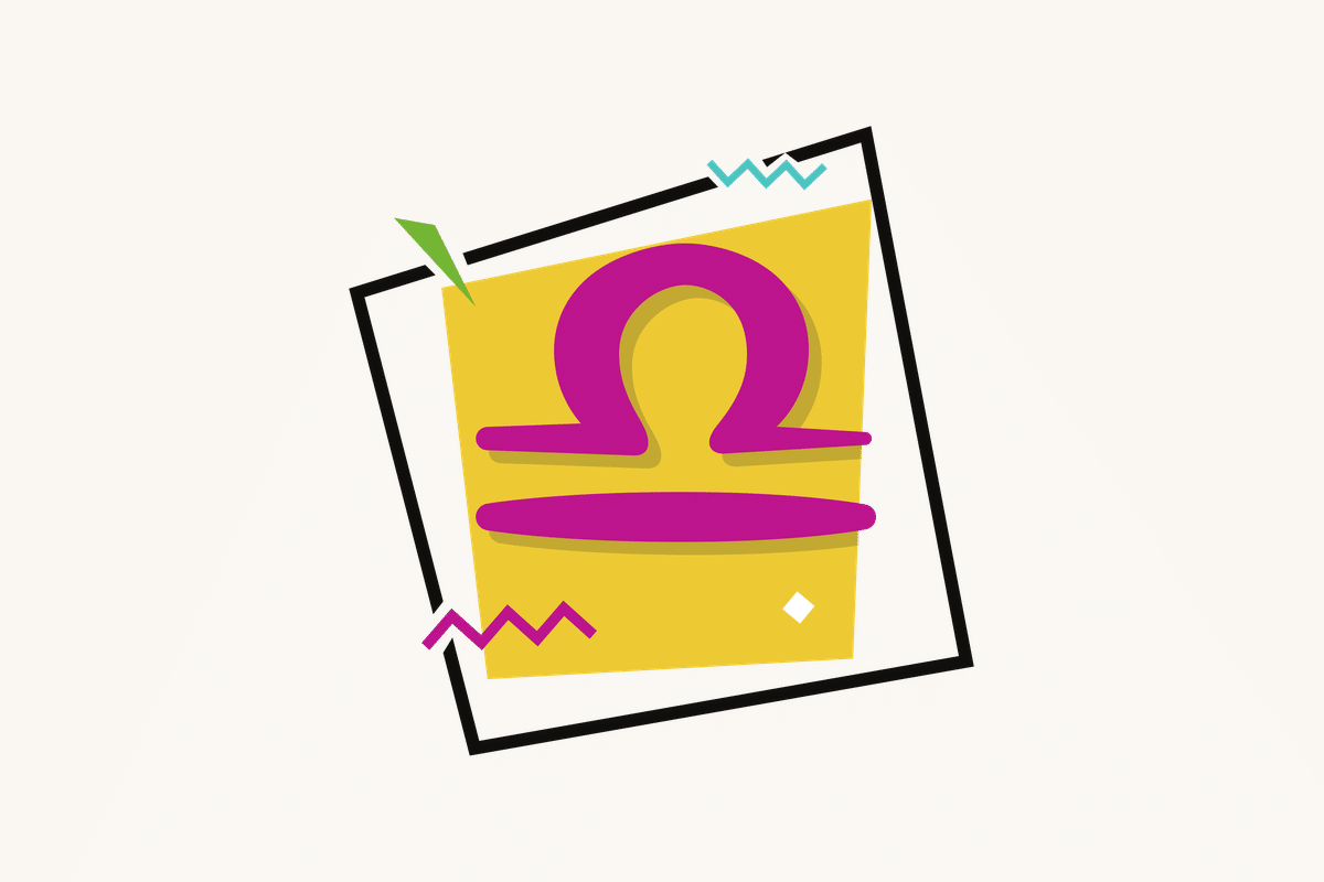 Ilustração do signo de Libra, contendo o símbolo de um arco em formato de ômega sobre uma linha horizontal, lembrando uma balança, em rosa-magenta, centralizado sobre um quadrado amarelo emoldurado em preto, com pequenos losangos e zigue-zagues coloridos ao redor, em fundo claro.