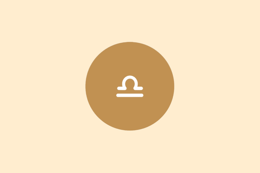 Ilustração do signo de Libra em branco dentro de um círculo marrom, centralizado sobre fundo bege-claro