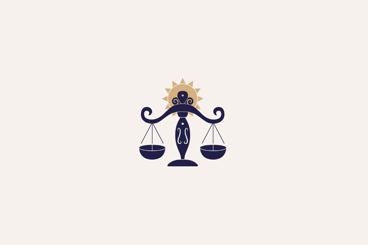Ilustração do signo de libra em azul-escuro com sol bege no topo e centralizada em fundo bege-claro