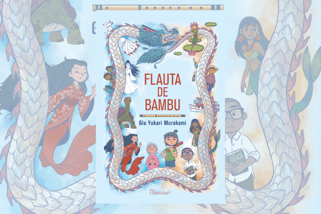 Capa de livro com nome do autor e título do livro escrito em azul e vermelho e ilustração de diversos personagens ao redor de um dragão em fundo azul
