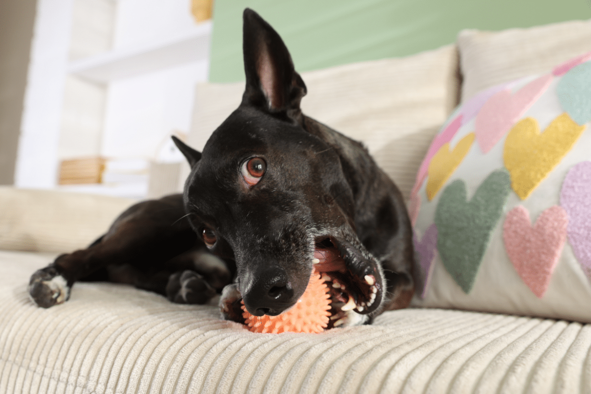 Cão preto deitado em um sofá claro mordendo alegremente uma bolinha alaranjada de textura espetada ao lado de uma almofada decorada