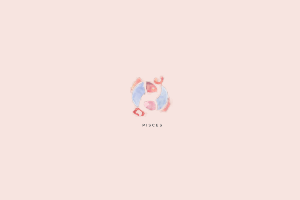 Fundo liso em rosa-claro/pastel. No centro há uma ilustração em aquarela representando dois peixes estilizados, formando uma composição circular. O desenho mistura tons de azul, rosa, vermelho e lilás, com aparência suave e levemente translúcida. Abaixo aparece “PISCES”, em letras maiúsculas cinza e espaçadas.