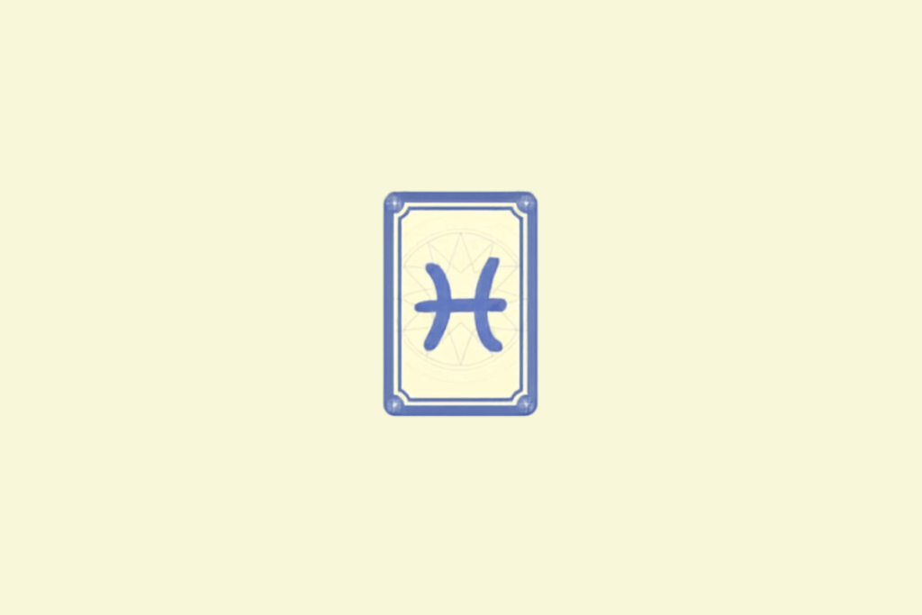 A imagem mostra uma carta de fundo creme, com moldura azul e o símbolo de Peixes desenhado em azul no centro. Ao fundo, há um discreto desenho geométrico que remete a um baralho esotérico.