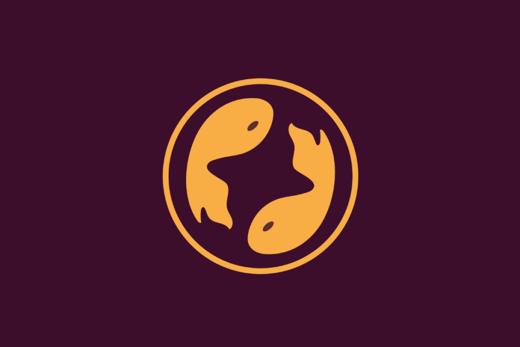 Ícone ilustrado em tom amarelo sobre fundo roxo escuro, dentro de uma moldura circular, representando o signo de Peixes através de dois peixes a nadar em direções opostas num formato circular