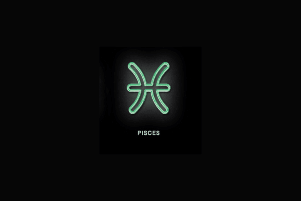 Sobre um fundo preto, o símbolo do signo de Peixes é exibido em estilo néon verde-claro brilhante, acompanhado pela palavra "Pisces" escrita em letras maiúsculas brancas na parte inferior