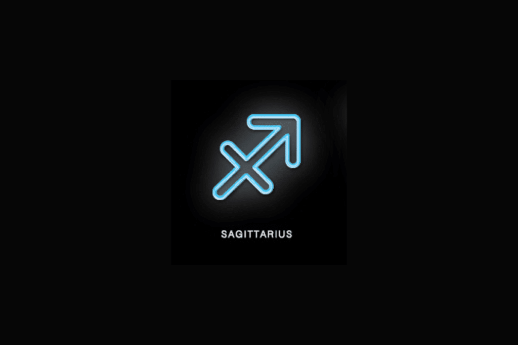 Sobre um fundo preto, o símbolo do signo de Sagitário é exibido em estilo néon azul brilhante, acompanhado pela palavra "SAGITTARIUS" escrita em letras maiúsculas brancas na parte inferior