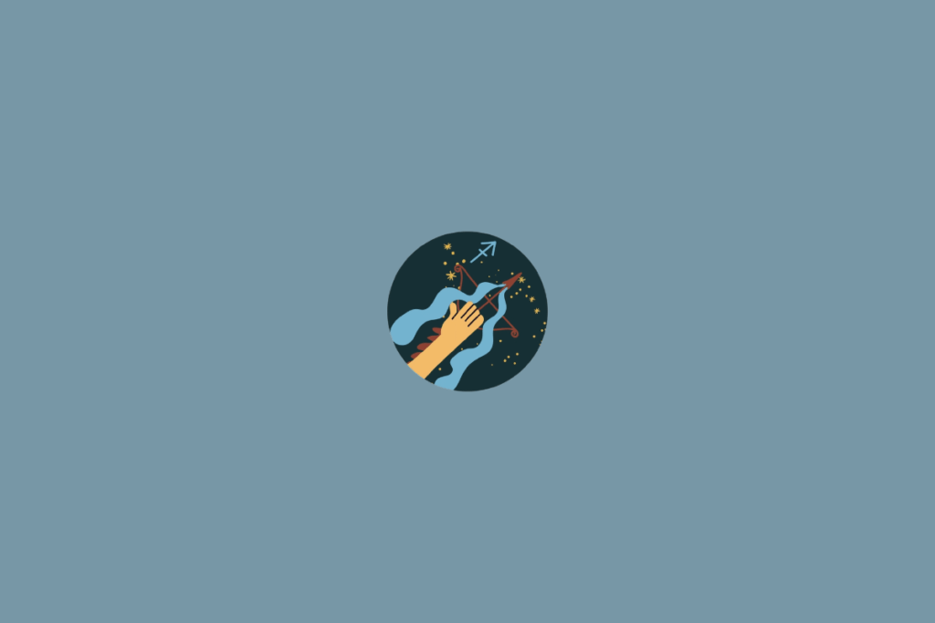Ilustração circular de uma figura segurando um arco e uma flecha, em tons de azul, marrom e amarelo. O símbolo de Sagitário aparece na parte superior.