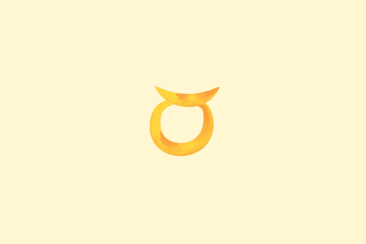 Símbolo de Touro formado por um círculo com uma curva semelhante a chifres na parte superior, em amarelo e laranja. Fundo amarelo-claro.