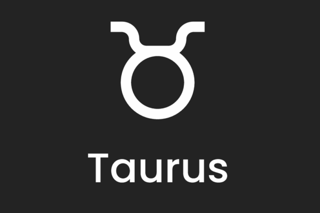 A imagem apresenta o símbolo astrológico e o nome do signo de touro em branco, centralizado sobre um fundo liso em tom cinza-escuro, quase preto
