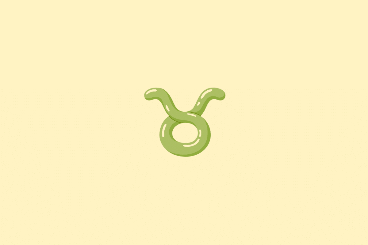 Ilustração do símbolo do signo de Touro, formado por um círculo com duas curvas na parte superior que lembram chifres, em tom verde-oliva, sobre um fundo amarelo-claro.