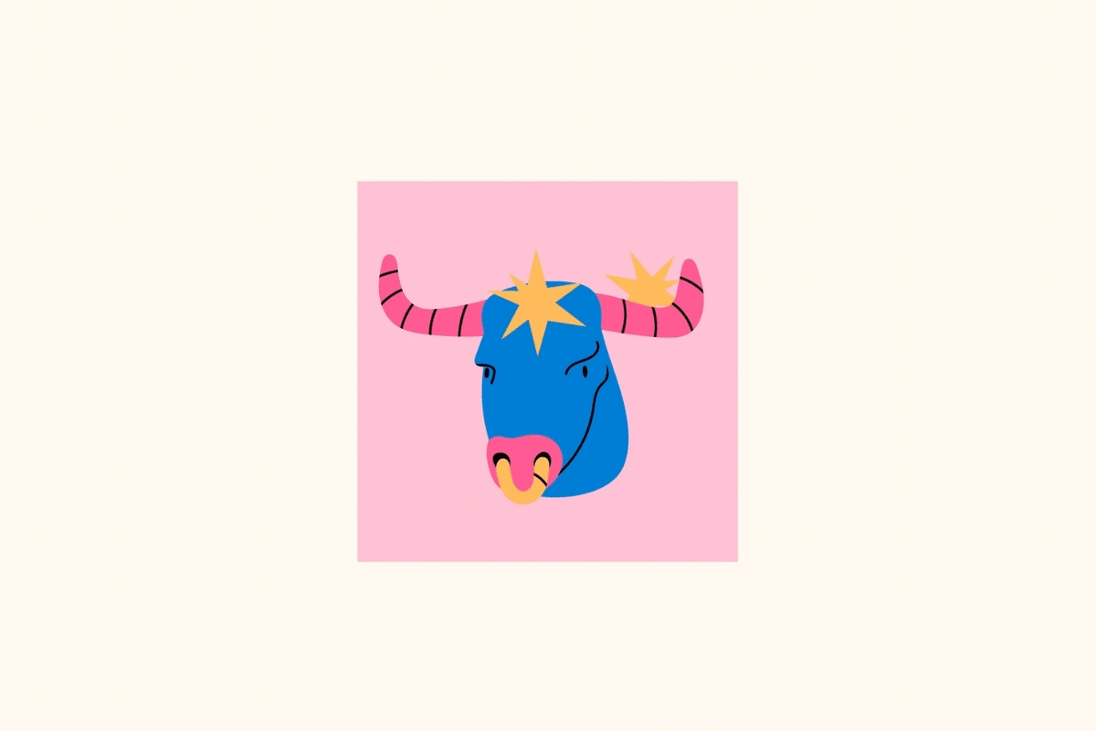 Ilustração estilizada do signo de Touro centralizada em um quadrado rosa sobre fundo creme, com a cabeça do touro na cor azul-cobalto, focinho e chifres curvos em rosa-choque, argola amarela nas narinas e estrelas douradas na testa e na base do chifre direito