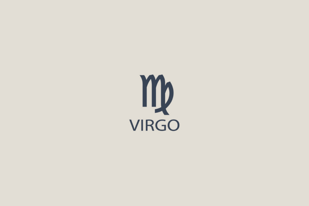 Símbolo minimalista do signo de Virgem em tom cinza-escuro sobre fundo bege claro, com a palavra "VIRGO" escrita abaixo em letras maiúsculas