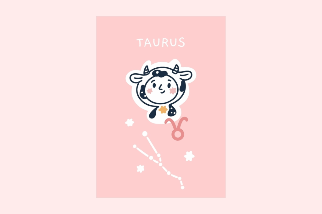 Ilustração do signo Touro, contendo um cartão rosa com o nome TAURUS escrito no topo, uma criança sorridente vestindo um capuz de touro com chifres e manchas, ao lado do símbolo rosa do signo e, abaixo, a constelação de Touro desenhada em branco com pequenas estrelas, em fundo rosa bem claro.
