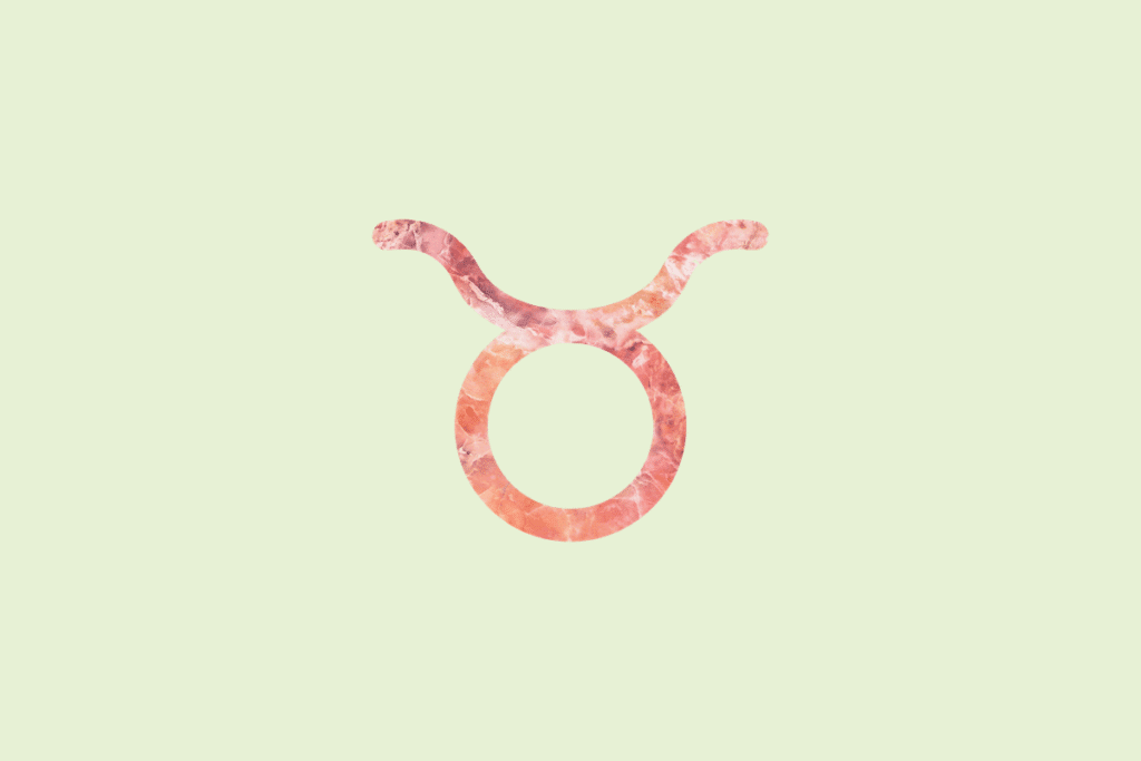 Ilustração do signo Touro, contendo o símbolo do signo com textura de mármore em tons de coral e rosa, formado por um círculo com chifres curvados para cima, em fundo verde-pistache.