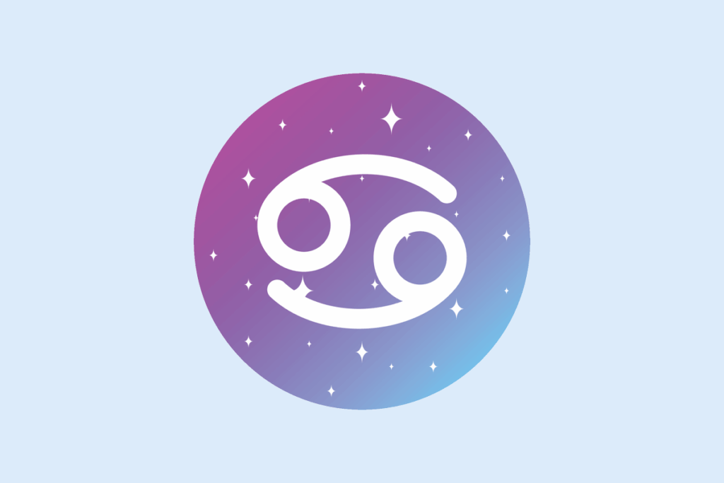 Ilustração do signo Câncer: círculo em degradê de roxo para azul, com pequenas estrelas brancas, e no centro o símbolo branco de Câncer, duas formas espiraladas deitadas e opostas, como um 6 e um 9 encaixados, lembrando as garras de um caranguejo; em fundo azul-claro.