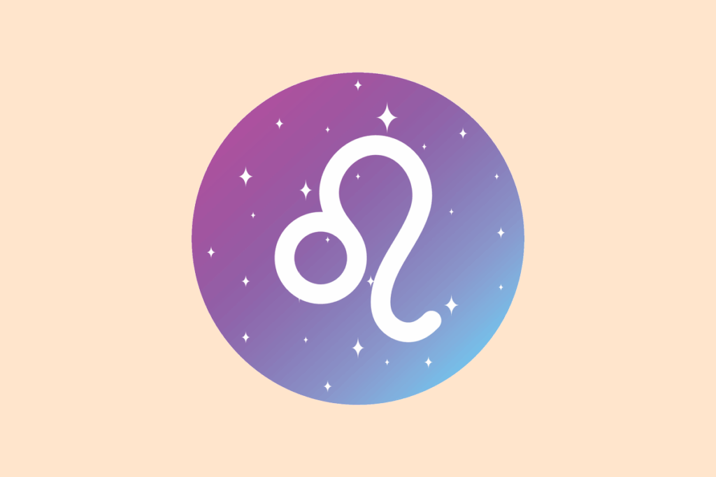 Ilustração do signo Leão: círculo em degradê de roxo para azul, com pequenas estrelas brancas, e no centro o símbolo branco de Leão, um pequeno círculo do qual sai uma linha em curva que sobe e desce em gancho, lembrando a juba e a cauda de um leão; em fundo pêssego.