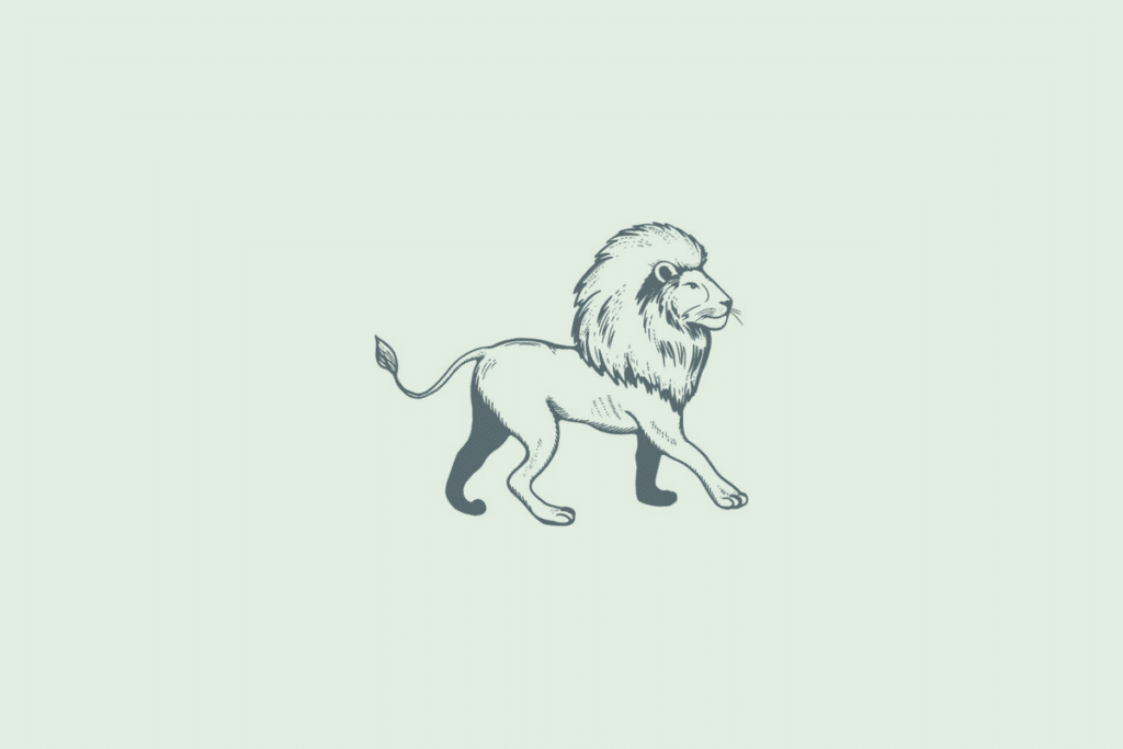 Ilustração em traço de um leão de juba farta caminhando de perfil, representando o signo de Leão, sobre fundo verde-claro.