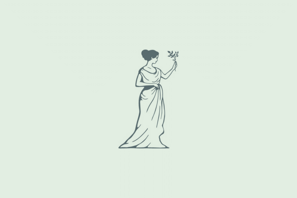 Ilustração em traço de uma mulher com vestido longo de estilo grego, segurando um ramo de folhas na mão erguida, representando o signo de Virgem, sobre fundo verde-claro.