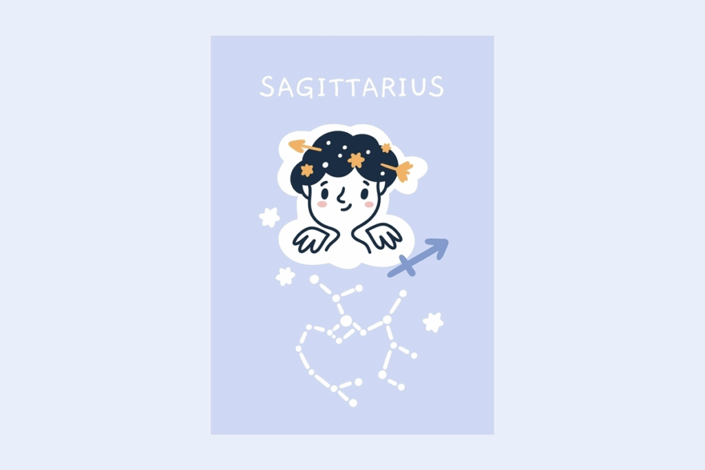 Ilustração do signo Sagitário, contendo um cartão azul com o nome SAGITTARIUS escrito no topo, um menino com uma flecha dourada atravessando o cabelo escuro e estrelado, com as mãos apoiadas à frente, ao lado do símbolo azul do signo e, abaixo, a constelação de Sagitário desenhada em branco com pequenas estrelas, em fundo azul bem claro.