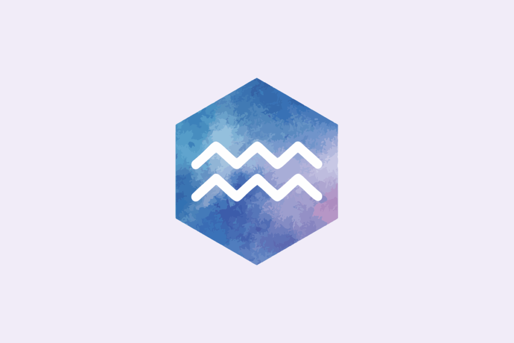 Símbolo do signo Aquário: traço branco de duas linhas em zigue-zague, uma sobre a outra, como ondas de água, dentro de um hexágono pintado em aquarela azul e lilás; em fundo lavanda-claro.
