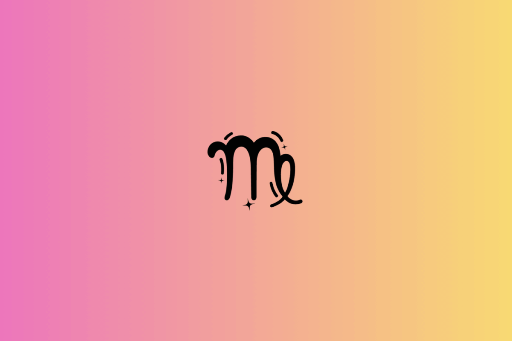 Ilustração do signo de Virgem em preto, centralizada sobre um fundo em degradê rosa, pêssego e amarelo-claro. O símbolo é composto por linhas verticais alongadas, com extremidades superiores arredondadas e uma das linhas formando uma curva que se prolonga em um laço à direita. Pequenos traços e estrelas aparecem ao redor da figura.