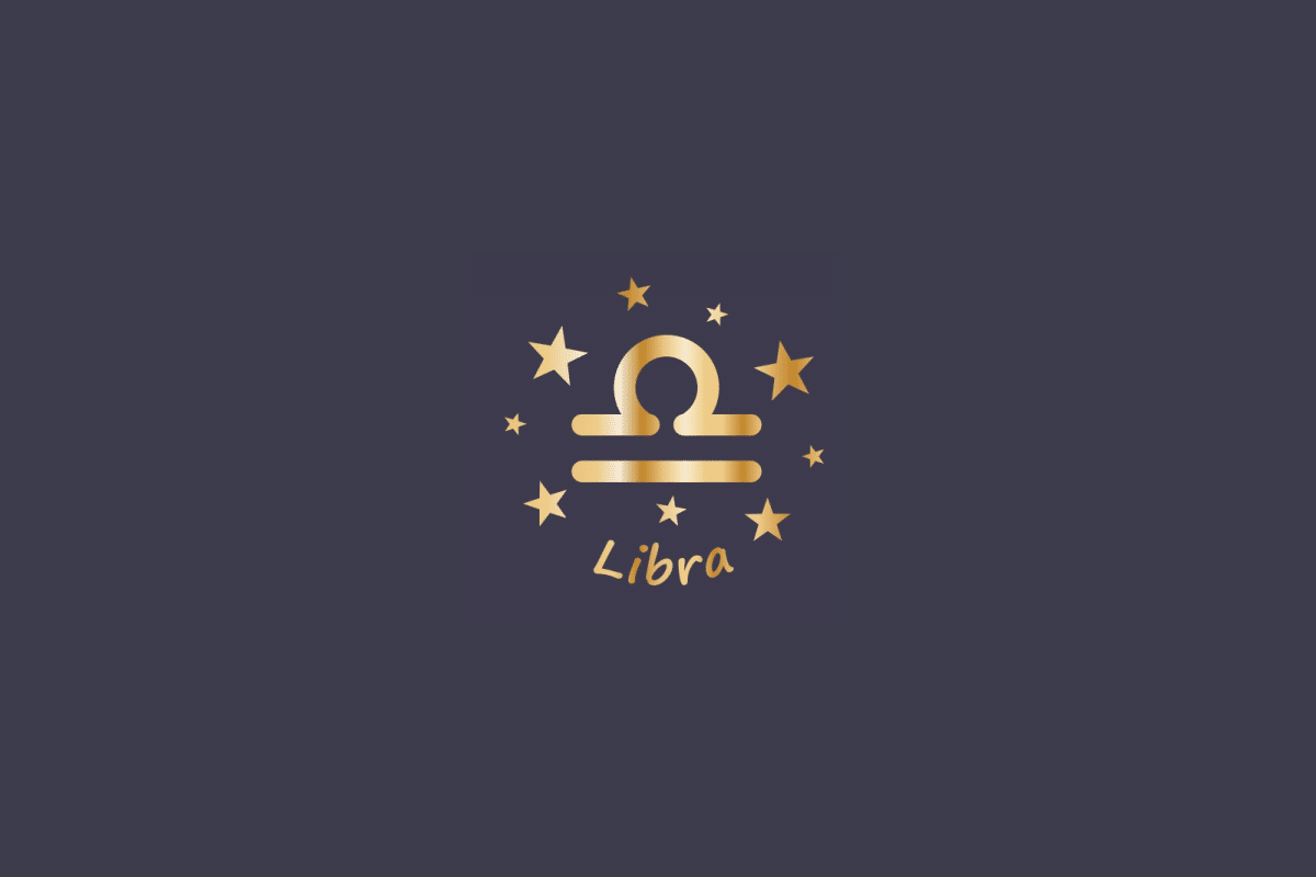 Ilustração do signo de Libra, em fundo cinza, contendo o símbolo do signo em dourado, formado por um semicírculo sobre duas linhas horizontais, cercado por estrelas e com o nome "Libra" abaixo