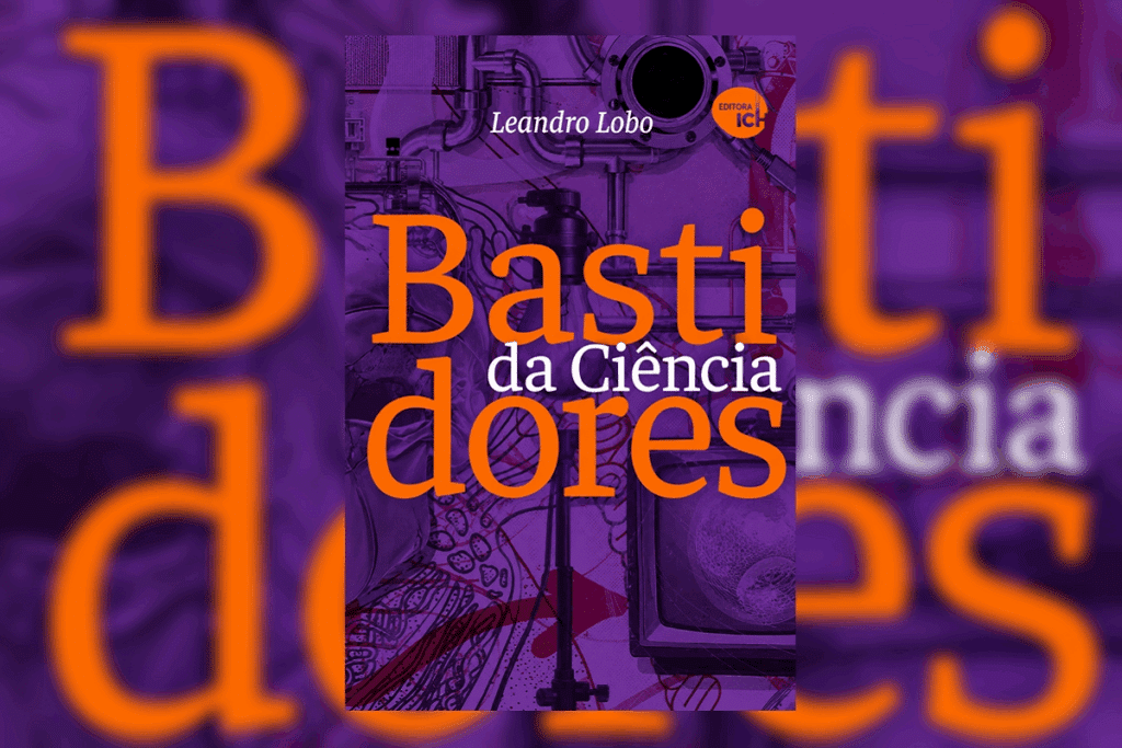 Capa do livro "Bastidores da Ciência", de Leandro Lobo, com fundo roxo ilustrado por equipamentos de laboratório e tubulações, e o título em destaque em letras laranjas.
