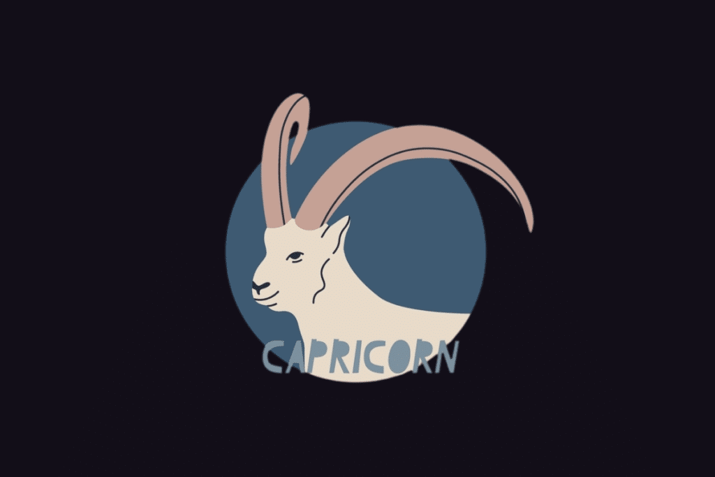 Ilustração do signo de Capricórnio com o texto "Capricorn", exibindo o perfil de um bode de longos chifres curvados sobre um fundo circular azul.