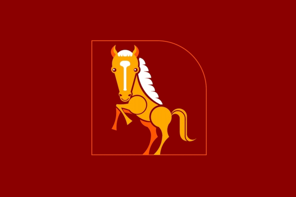 Ilustração vetorial simplificada de um cavalo amarelo e laranja sobre um fundo vermelho.