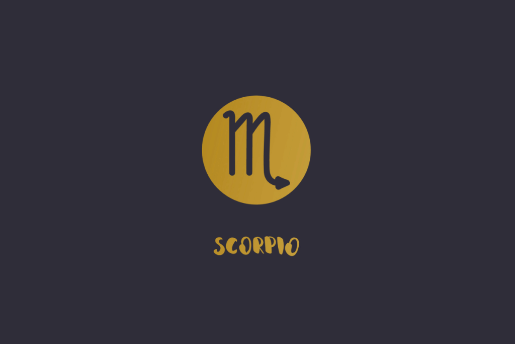 Fundo escuro com o símbolo do signo de Escorpião em formato da letra "m" preta com um ferrão na ponta dentro de um círculo amarelo, acompanhado pela palavra "SCORPIO" em amarelo abaixo.