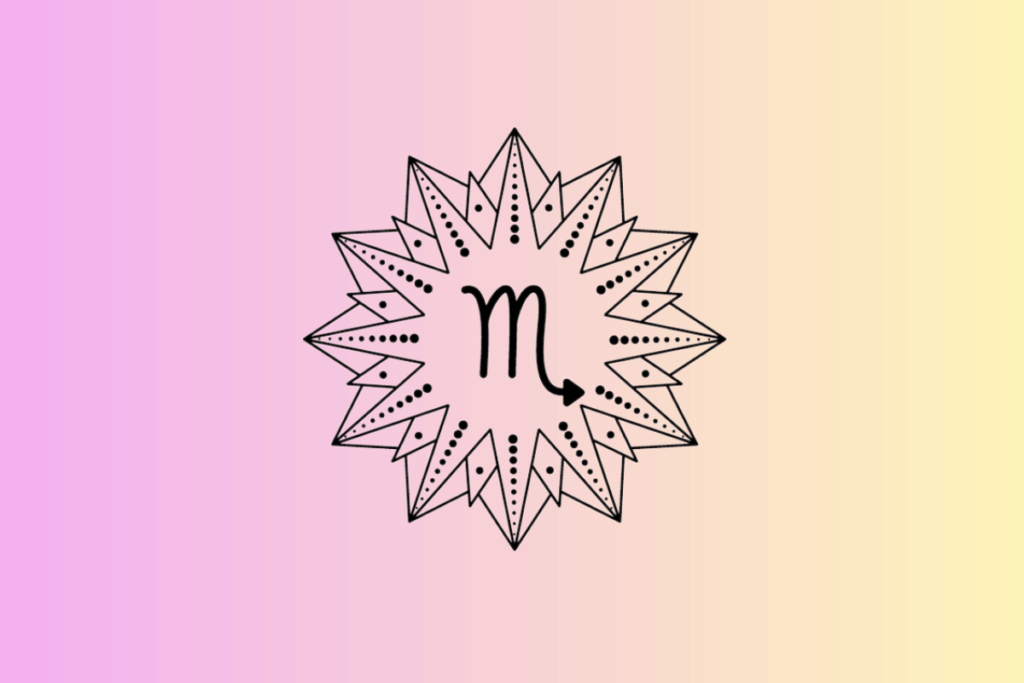 Ilustração com fundo em degradê do rosa para o amarelo, contendo ao centro um sol geométrico estilizado em preto e branco, com o símbolo do signo de Escorpião no meio.