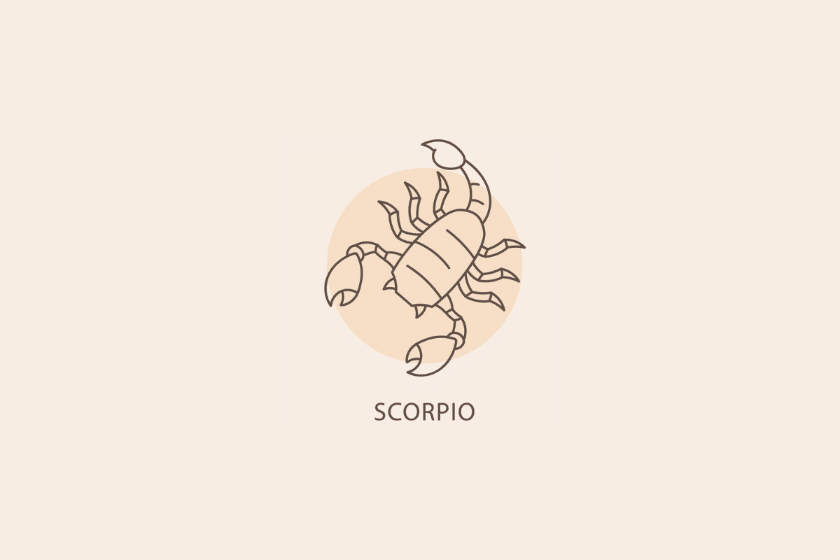 Ilustração em linhas finas de um escorpião com garras e cauda curvada, com um círculo bege ao fundo e a palavra "SCORPIO" abaixo.