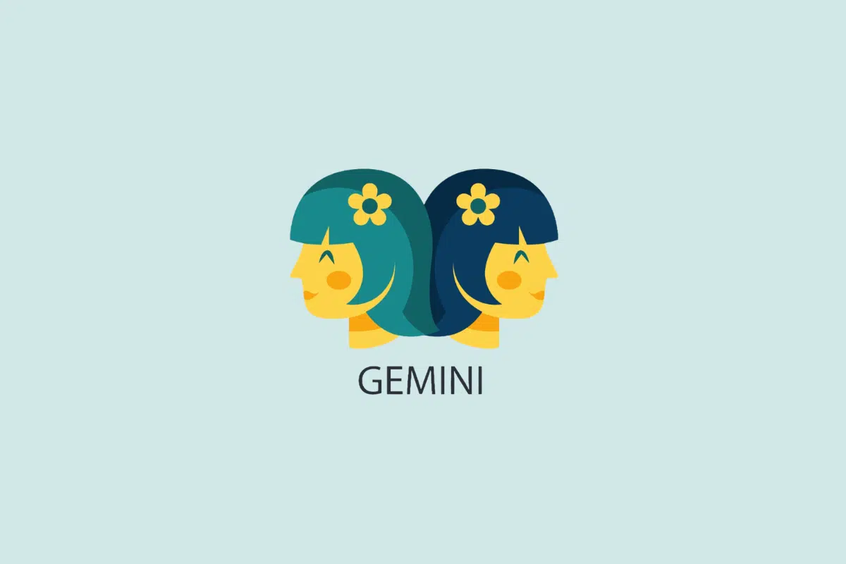 Ilustração vetorial em estilo plano dos perfis de duas garotas lado a lado olhando para lados opostos, com flores amarelas no cabelo, sobre um fundo azul-claro com a palavra "GEMINI" escrita abaixo.