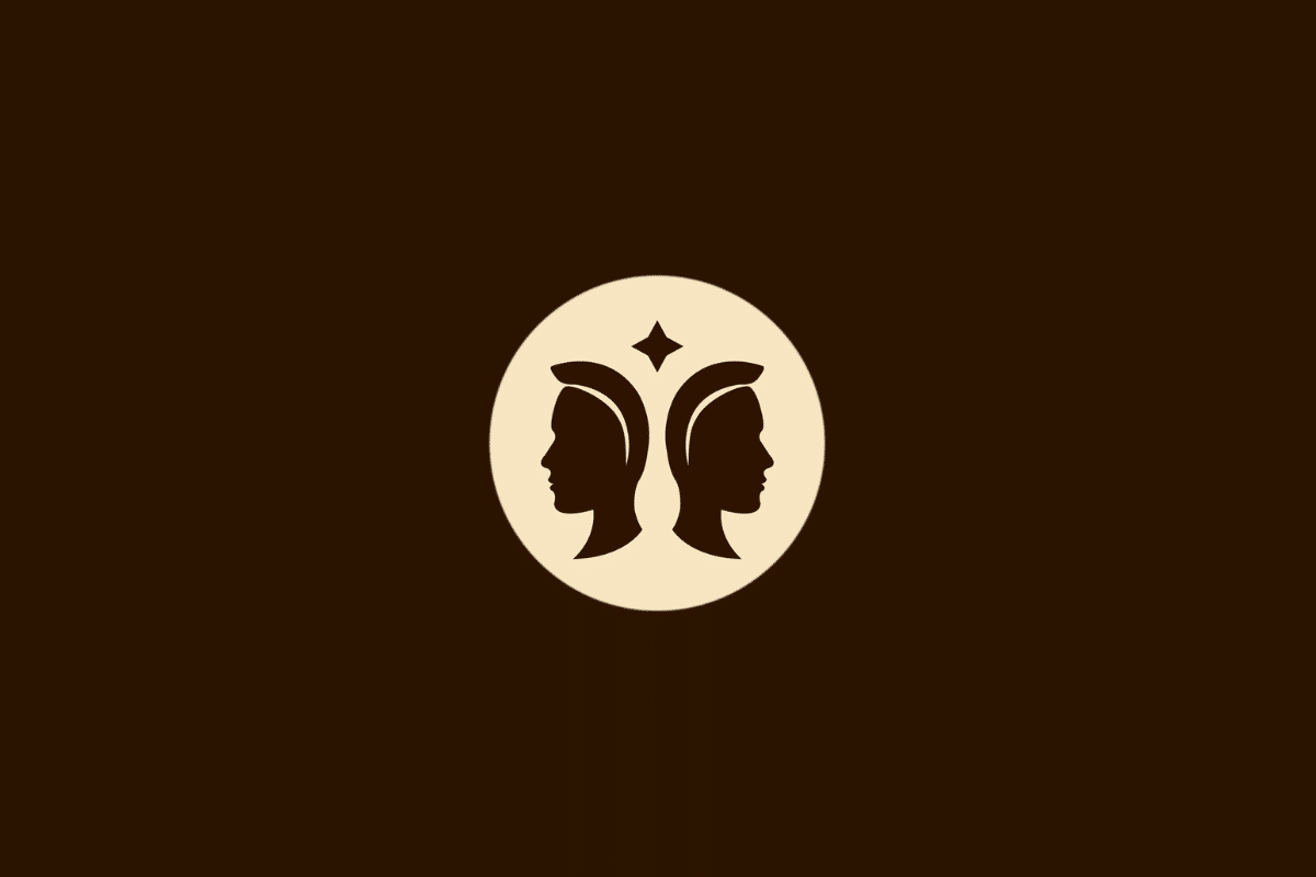 Ilustração vetorial do signo de Gêmeos, representada pelos perfis de duas faces espelhadas com uma estrela de quatro pontas entre elas, centralizada em um círculo bege sobre fundo marrom.
