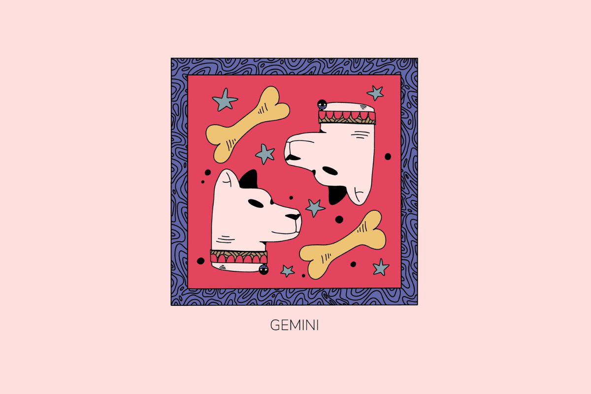 Ilustração estilizada do signo de Gêmeos, retratando duas cabeças de cachorros brancos espelhadas na vertical acompanhadas de ossos e estrelas, em moldura roxa com fundo vermelho e a palavra "Gemini" abaixo.