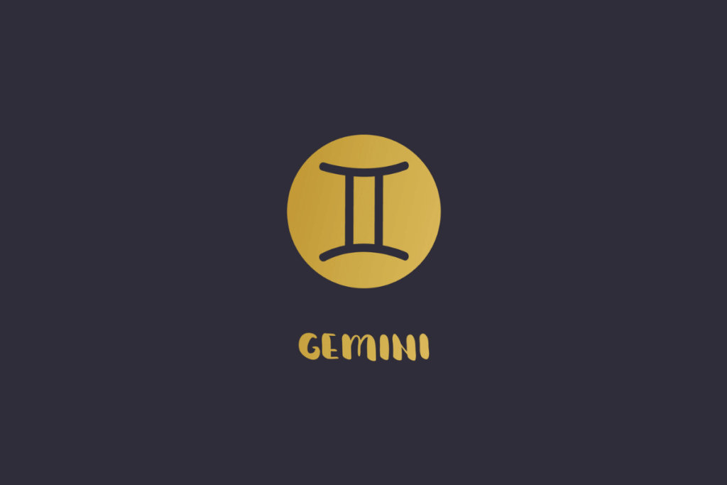 Fundo escuro com o símbolo do signo de Gêmeos em formato de colunas paralelas pretas dentro de um círculo amarelo, acompanhado pela palavra "GEMINI" em amarelo abaixo.